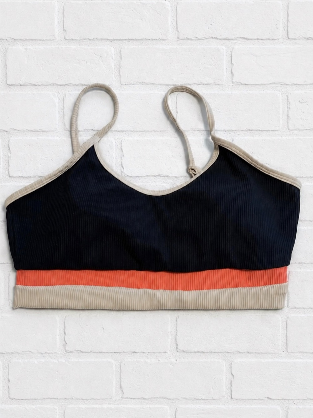 Born Primitive Ribbed Colorblock Sports Bra - Blue, Coral & Beige Size L